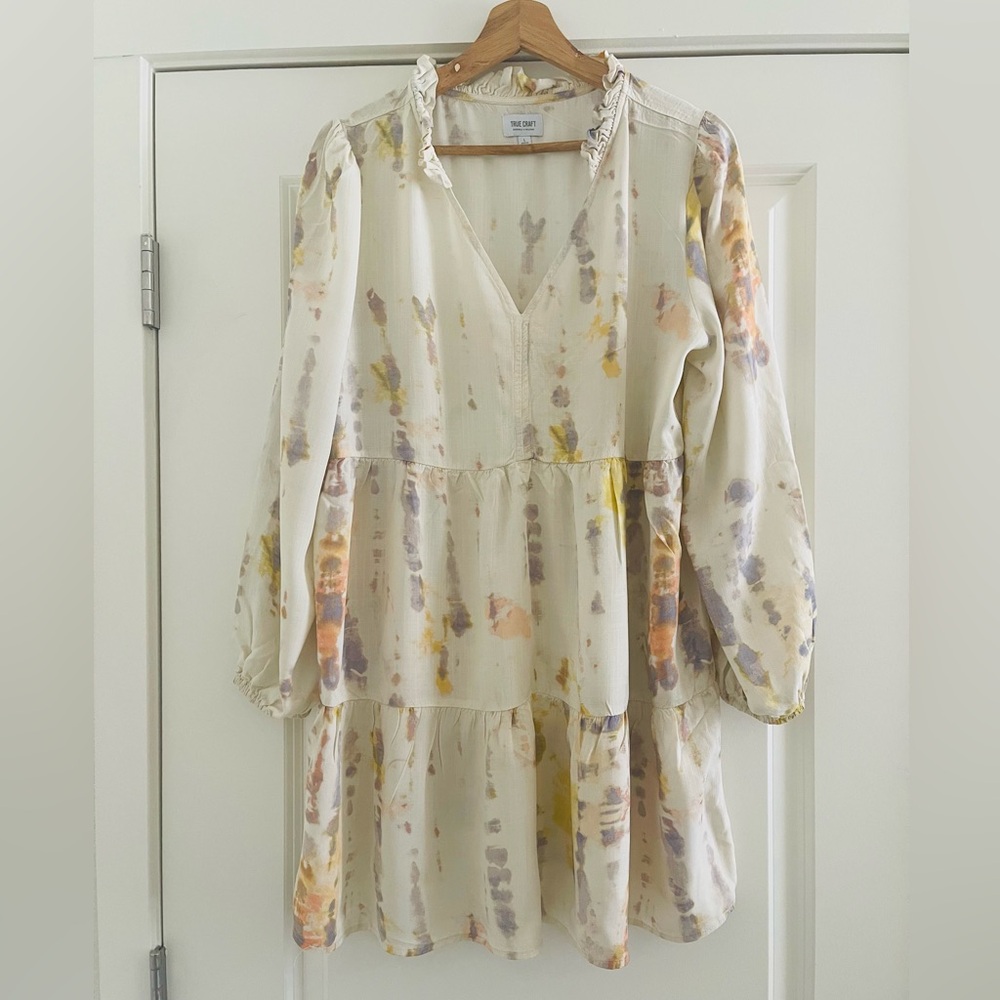 True Craft Cream and Purple Sundress with Bishop Sleeves